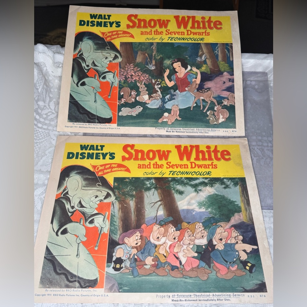 Disney Snow White and the Seven Dwarfs Lobby Cards Set of 2 1951 RKO Reissue